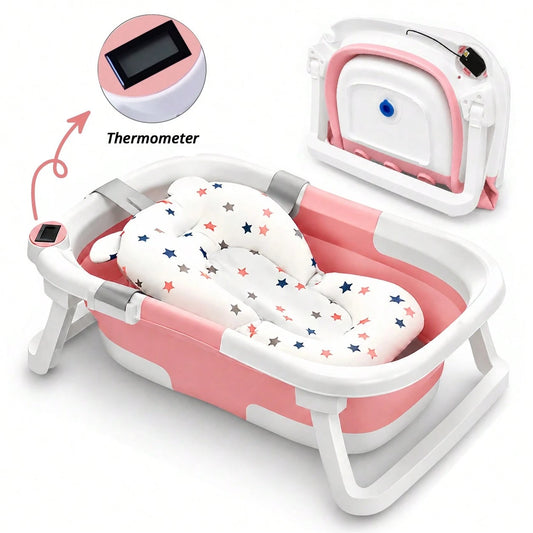 Foldable Baby Bathtub, Suitable For Newborns To Infants Aged 0-36 Months, Comes With A Soft Cushion And Thermometer,Portable Travel Baby Tub For New