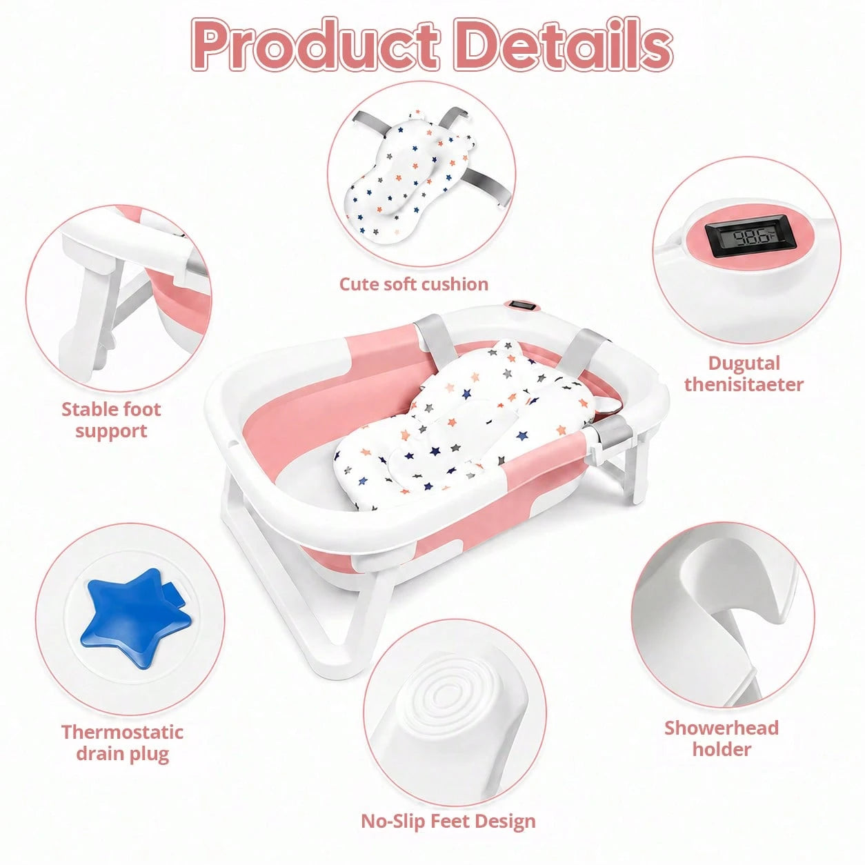Foldable Baby Bathtub, Suitable For Newborns To Infants Aged 0-36 Months, Comes With A Soft Cushion And Thermometer,Portable Travel Baby Tub For New