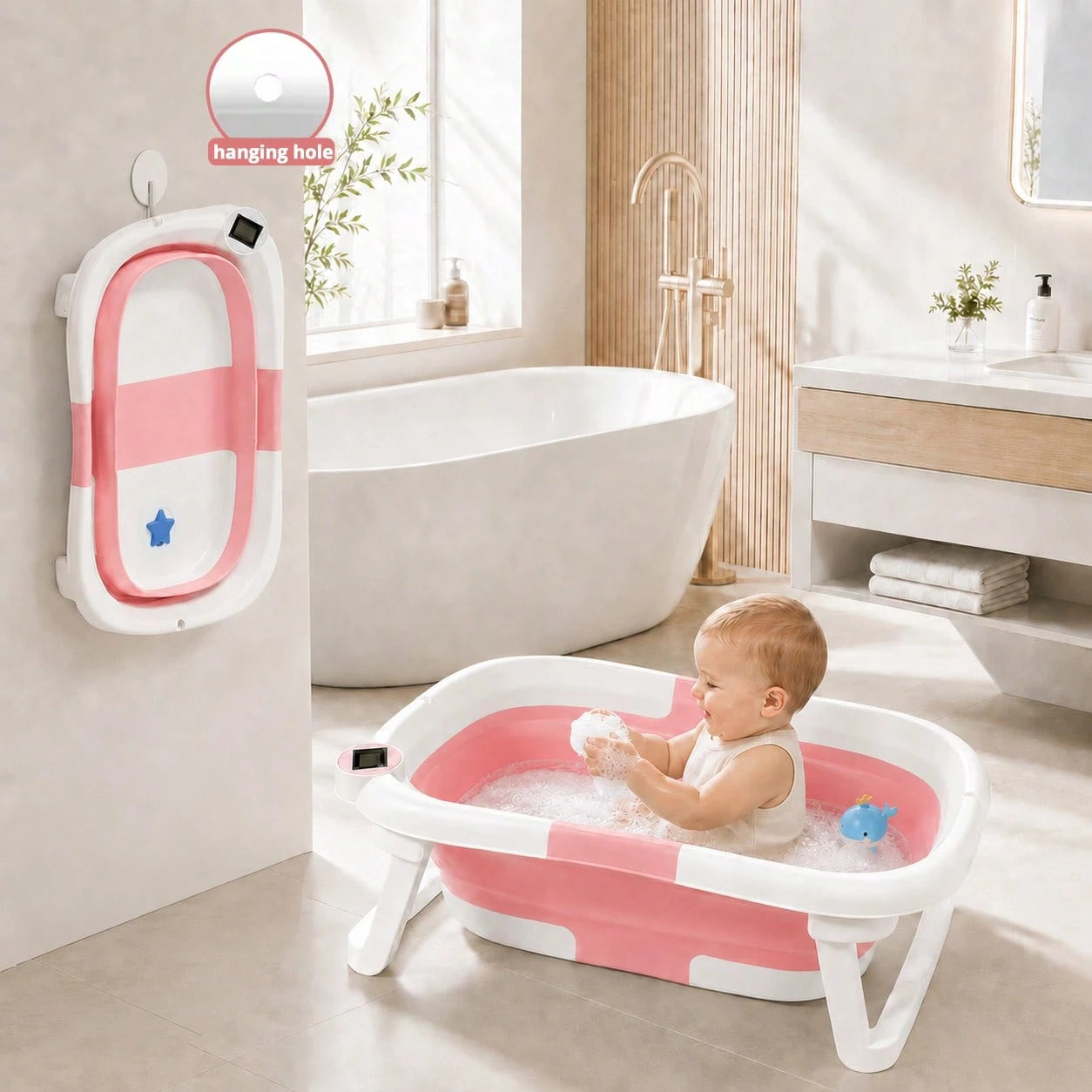 Foldable Baby Bathtub, Suitable For Newborns To Infants Aged 0-36 Months, Comes With A Soft Cushion And Thermometer,Portable Travel Baby Tub For New