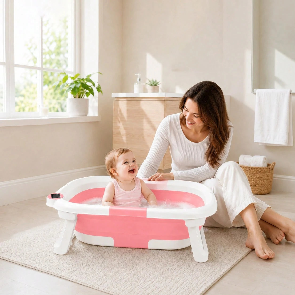 Foldable Baby Bathtub, Suitable For Newborns To Infants Aged 0-36 Months, Comes With A Soft Cushion And Thermometer,Portable Travel Baby Tub For New