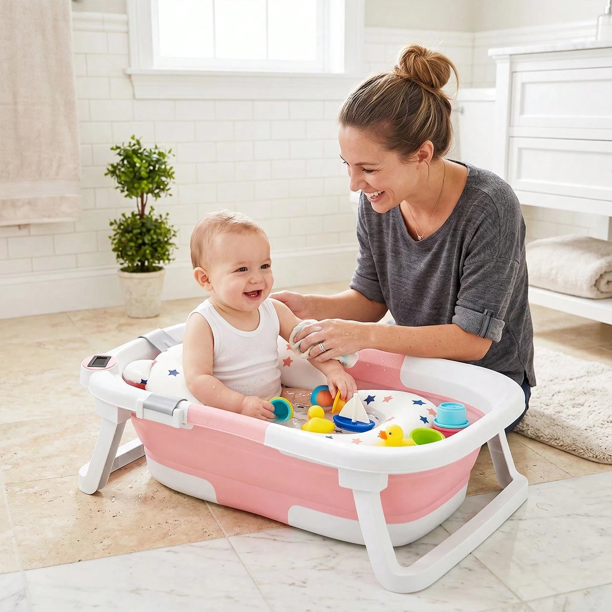Foldable Baby Bathtub, Suitable For Newborns To Infants Aged 0-36 Months, Comes With A Soft Cushion And Thermometer,Portable Travel Baby Tub For New