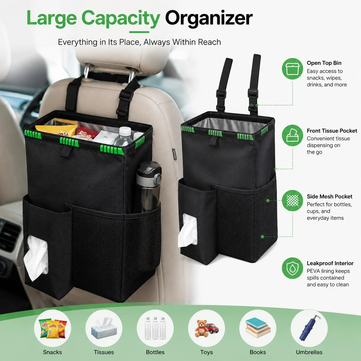 Foldable Car Trash Can Organizer, Leakproof Hanging Back Seat Storage Bin With Tissue And Mesh Pockets