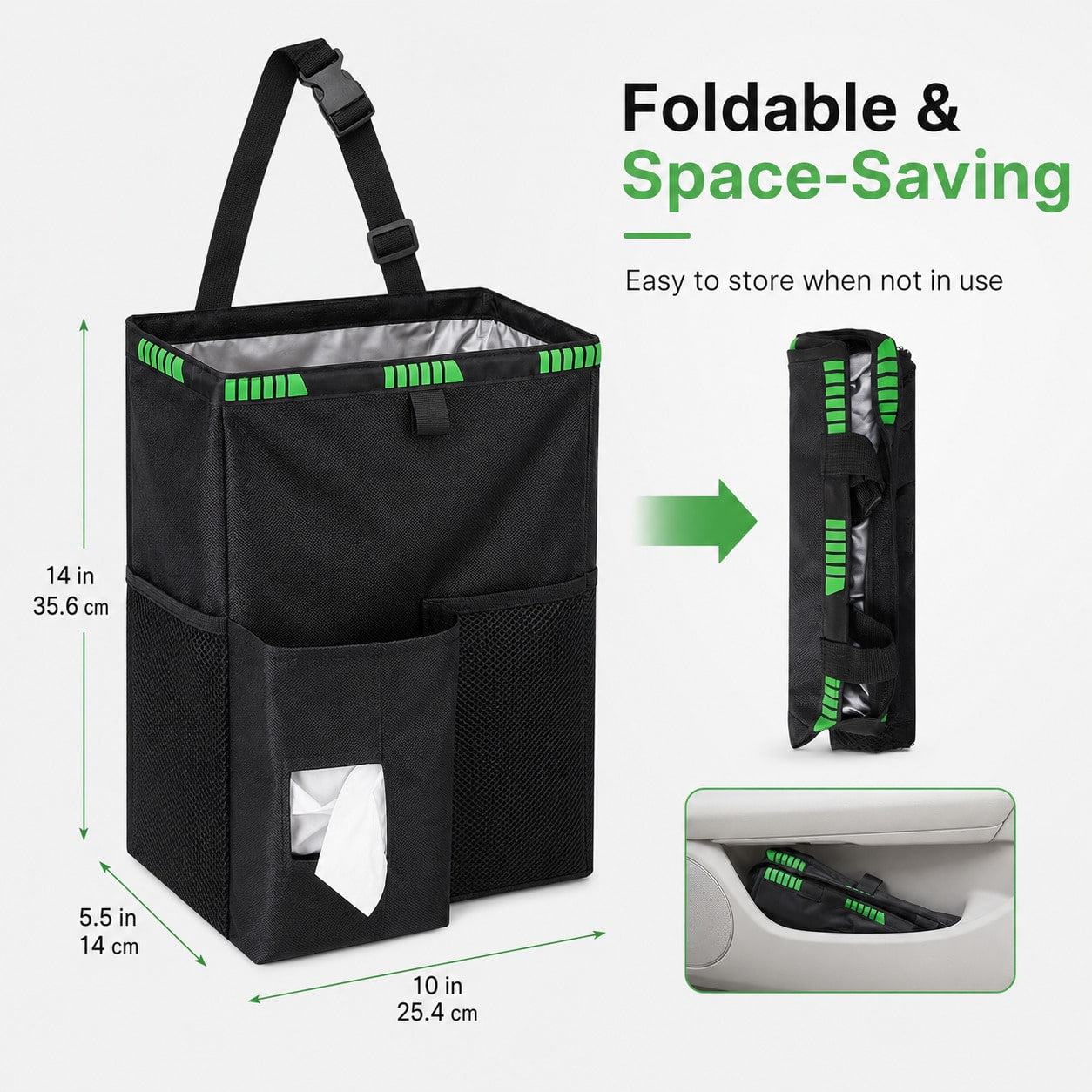 Foldable Car Trash Can Organizer, Leakproof Hanging Back Seat Storage Bin With Tissue And Mesh Pockets