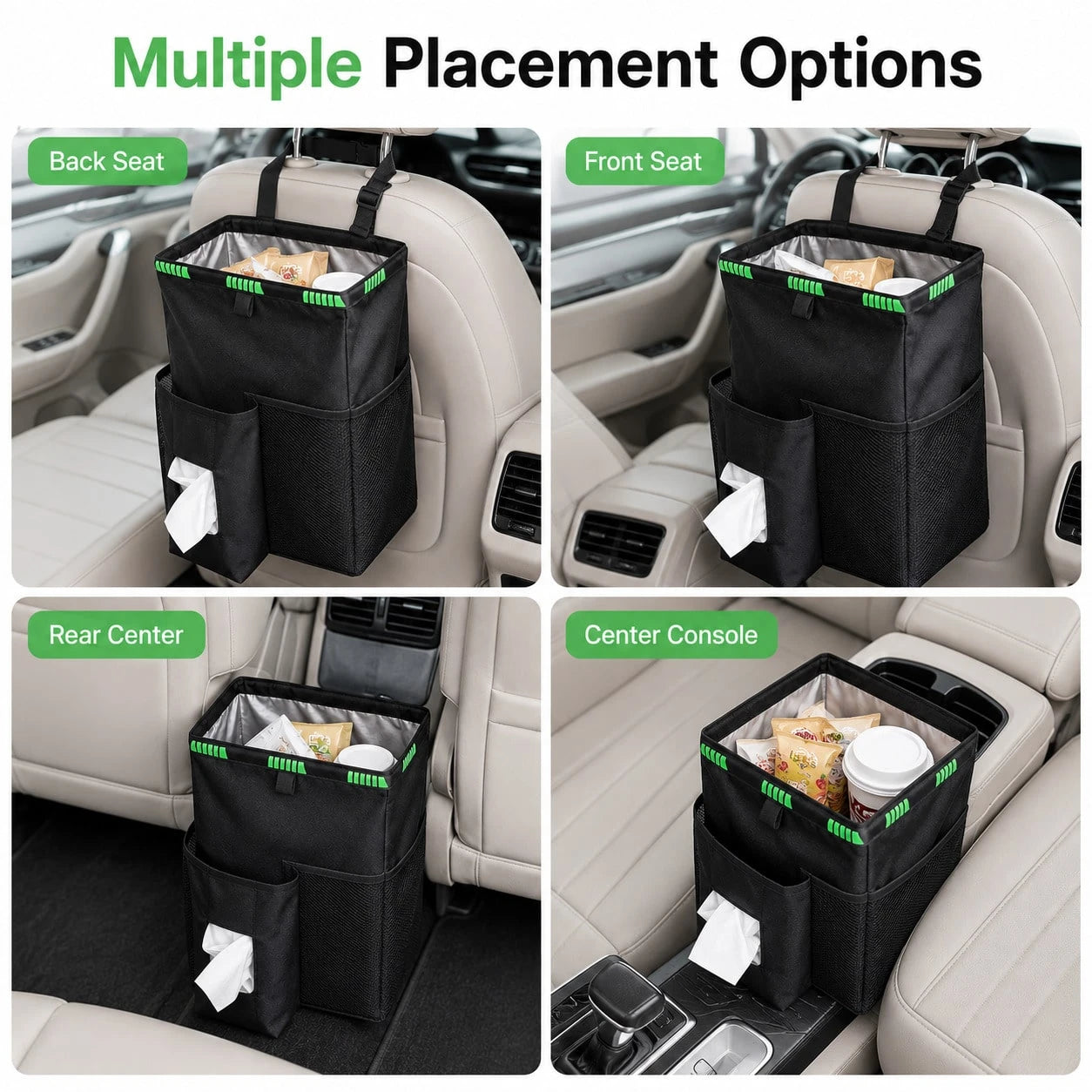 Foldable Car Trash Can Organizer, Leakproof Hanging Back Seat Storage Bin With Tissue And Mesh Pockets