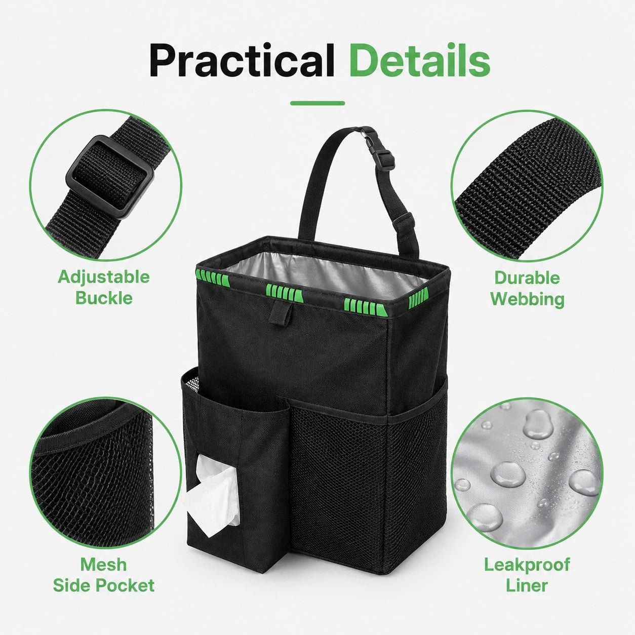 Foldable Car Trash Can Organizer, Leakproof Hanging Back Seat Storage Bin With Tissue And Mesh Pockets