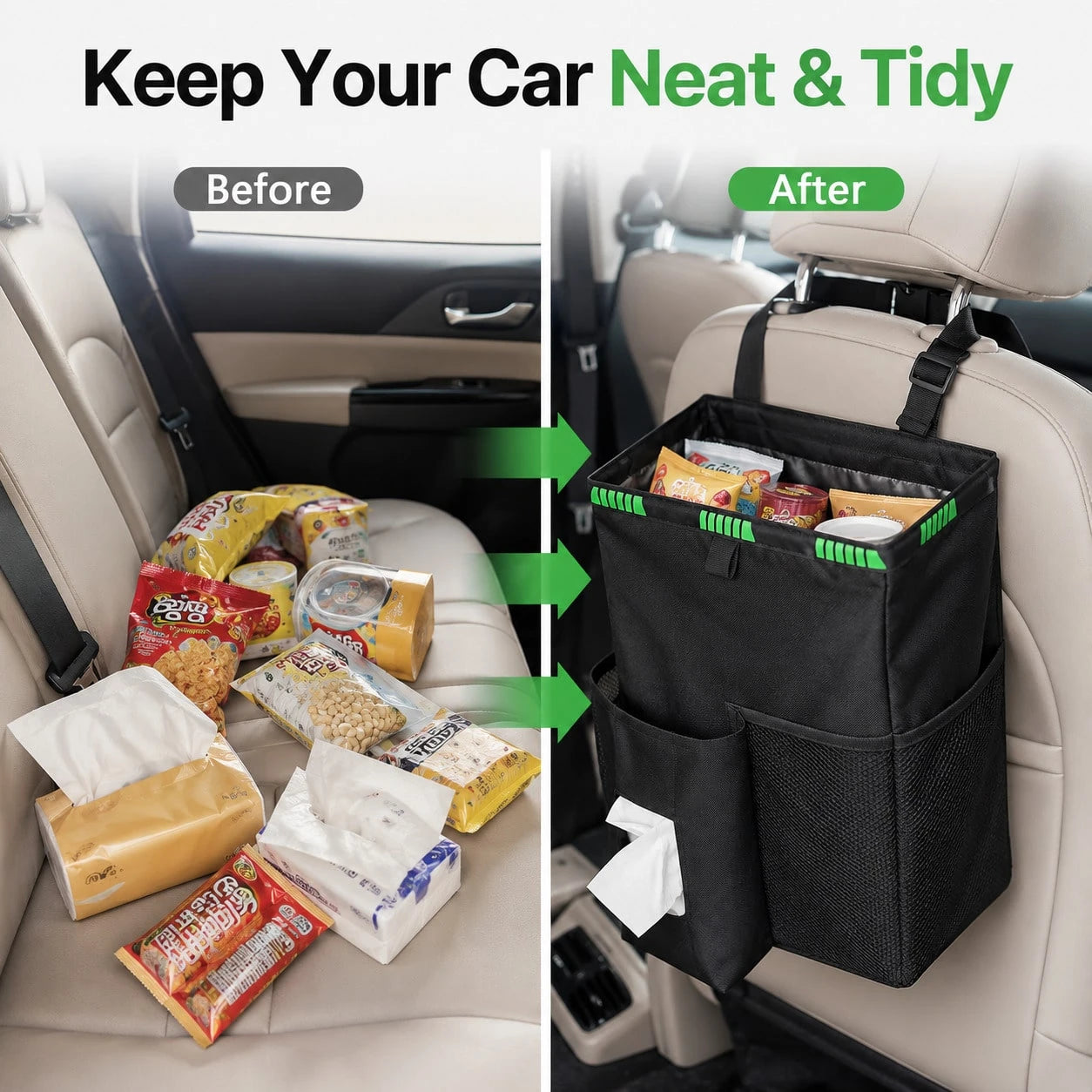 Foldable Car Trash Can Organizer, Leakproof Hanging Back Seat Storage Bin With Tissue And Mesh Pockets