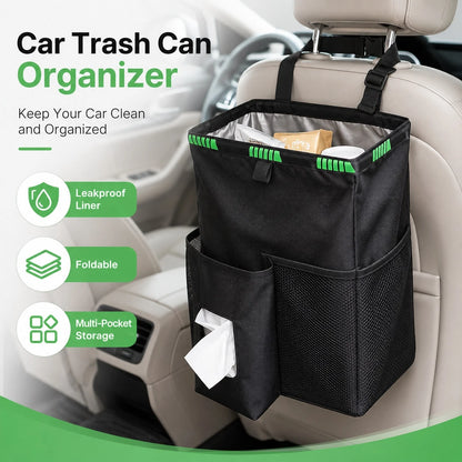 Foldable Car Trash Can Organizer, Leakproof Hanging Back Seat Storage Bin With Tissue And Mesh Pockets