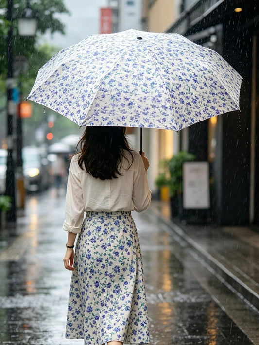Foldable Portable Dual-Use Sun & Rain Umbrella, Digital Print/Vintage Oil Painting Style/Blue Floral Manual Umbrella, Sun Protection & Rainproof 2-In-1, Lightweight Pocket Umbrella/Mini Umbrella/Metro