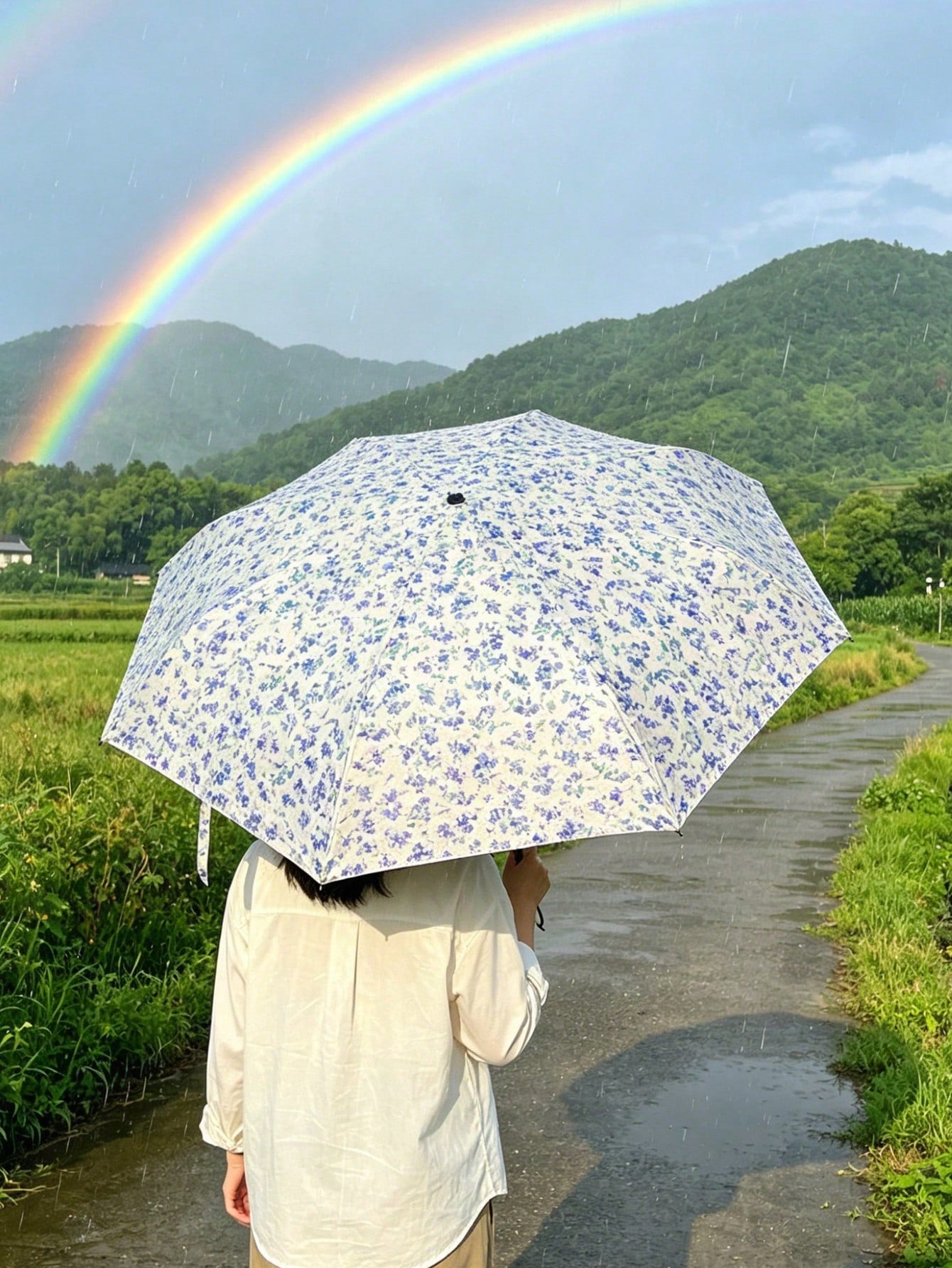 Foldable Portable Dual-Use Sun & Rain Umbrella, Digital Print/Vintage Oil Painting Style/Blue Floral Manual Umbrella, Sun Protection & Rainproof 2-In-1, Lightweight Pocket Umbrella/Mini Umbrella/Metro