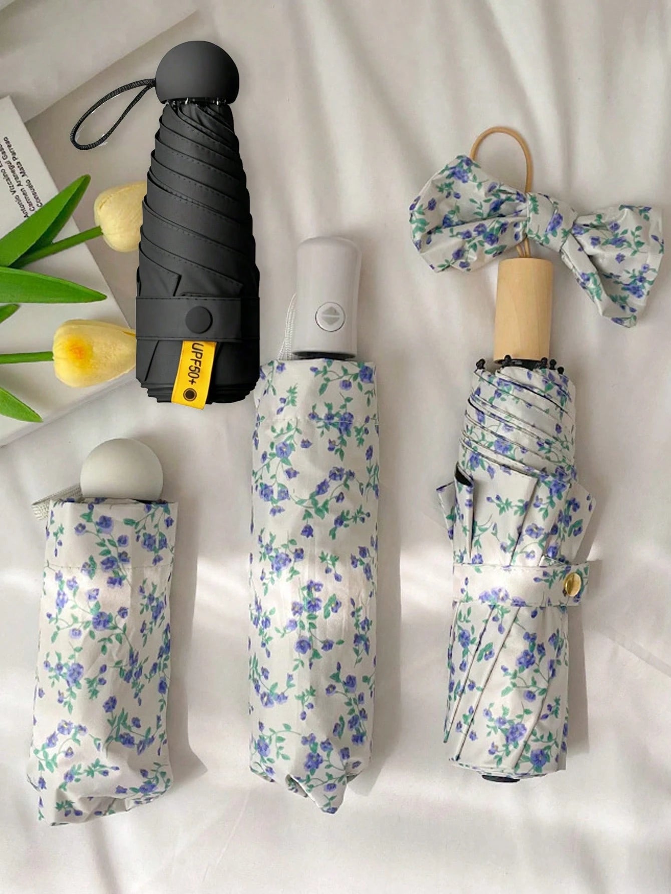 Foldable Portable Dual-Use Sun & Rain Umbrella, Digital Print/Vintage Oil Painting Style/Blue Floral Manual Umbrella, Sun Protection & Rainproof 2-In-1, Lightweight Pocket Umbrella/Mini Umbrella/Metro