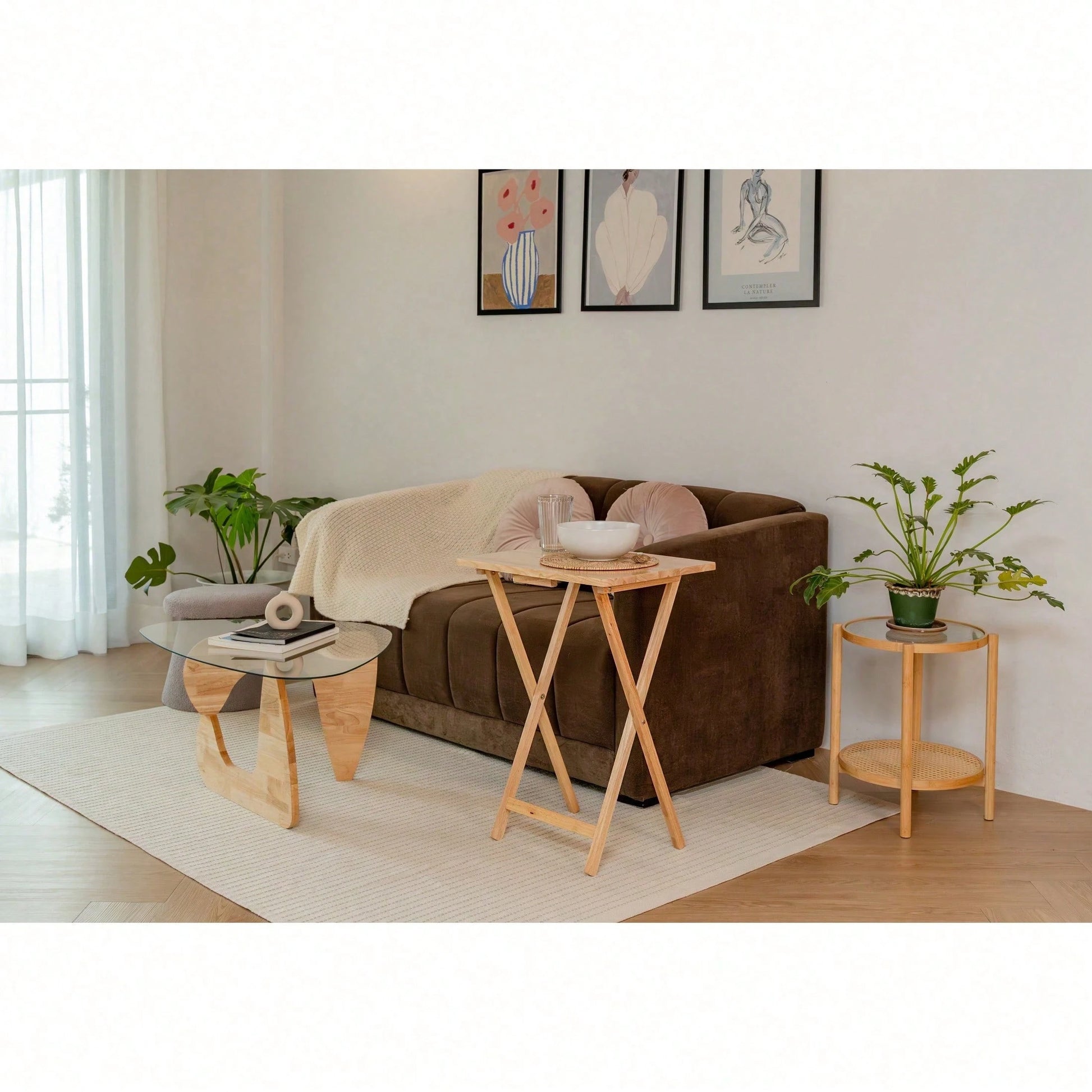 Folding TV Tray Table, Solid Rubberwood Portable Side Table With Storage Rack, Lightweight Snack Table For Living Room, Bedroom & Home Office, Natural