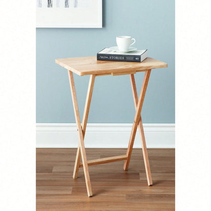 Folding TV Tray Table, Solid Rubberwood Portable Side Table With Storage Rack, Lightweight Snack Table For Living Room, Bedroom & Home Office, Natural