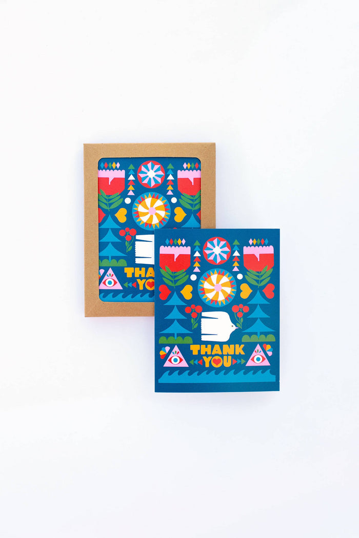 Folk Flowers Thank You Greeting Card