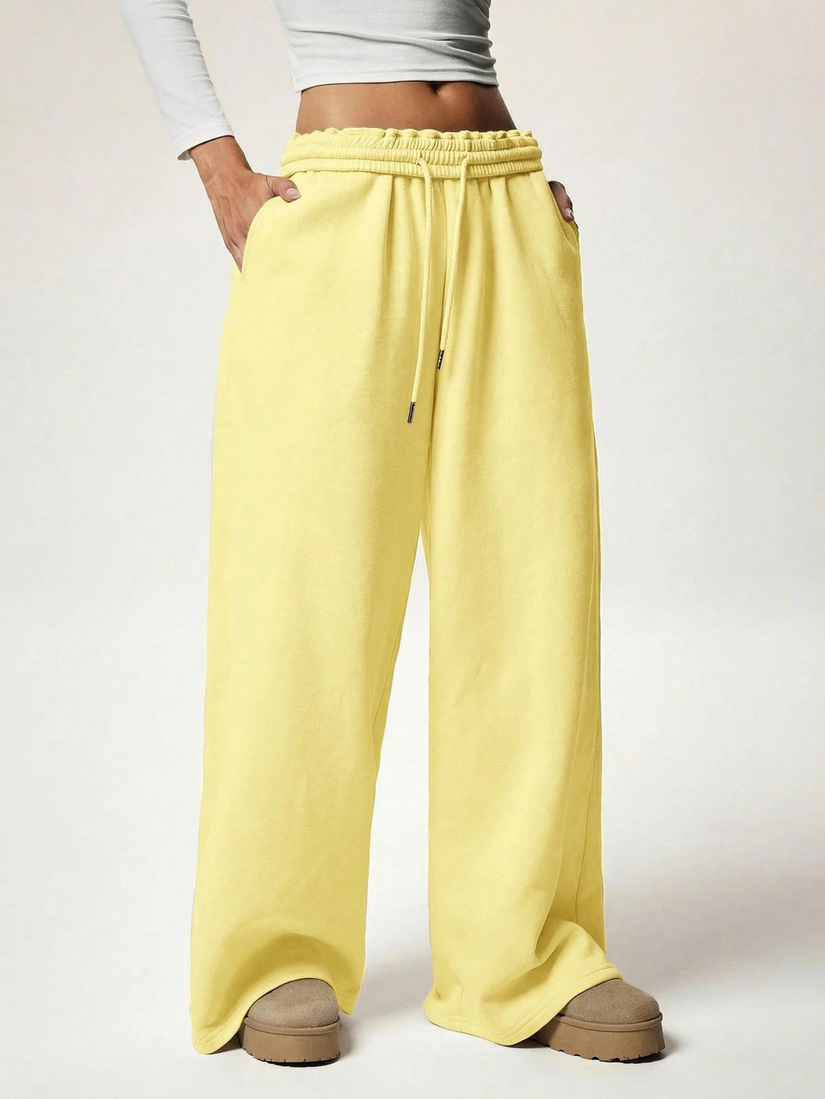 Forever 21 Autumn/Winter New Casual Loose Fit High Waist Elastic Waistband Wide Leg Sweatpants, Thickened And Thermal Lined