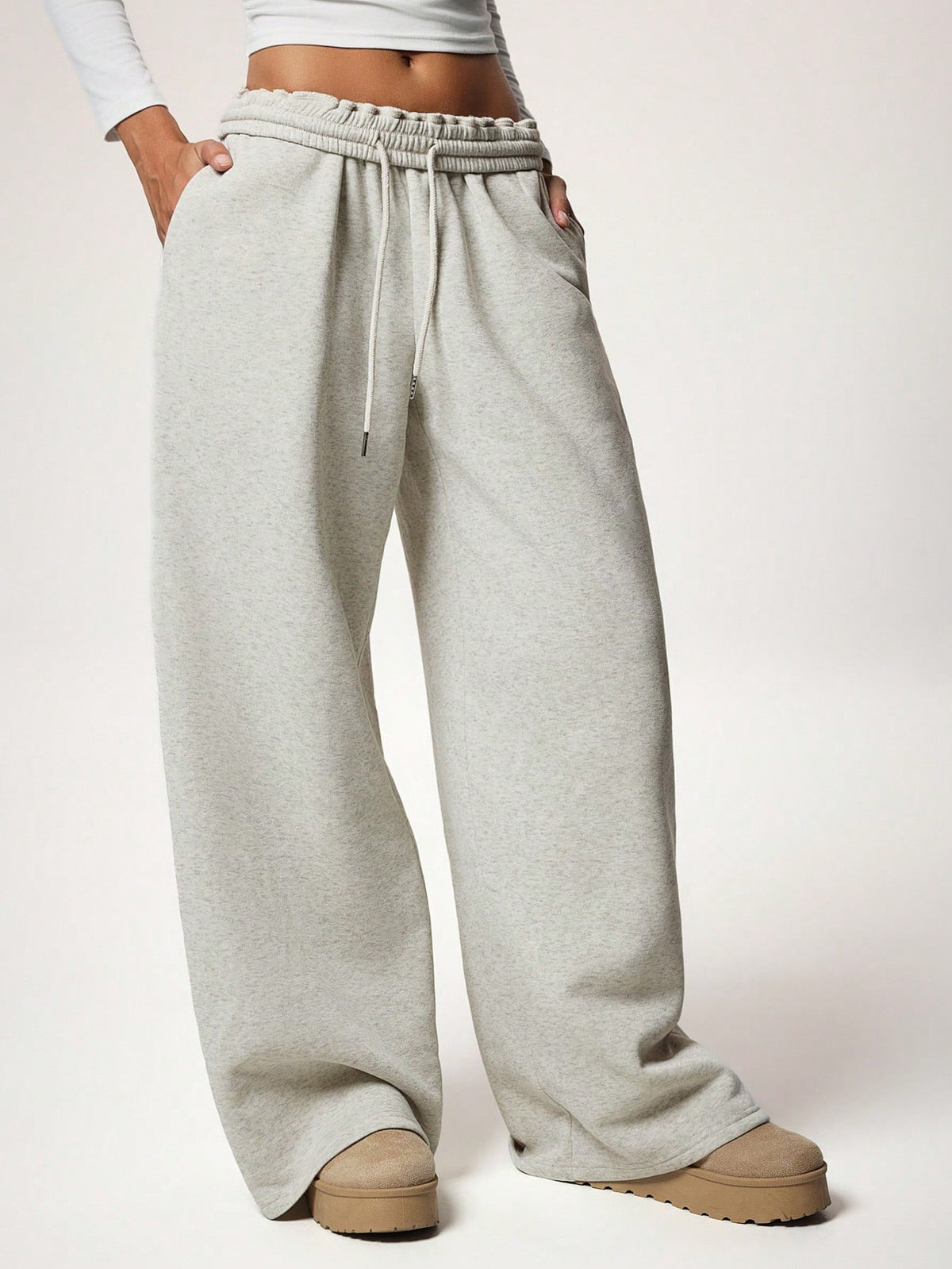 Forever 21 Autumn/Winter New Casual Loose Fit High Waist Elastic Waistband Wide Leg Sweatpants, Thickened And Thermal Lined