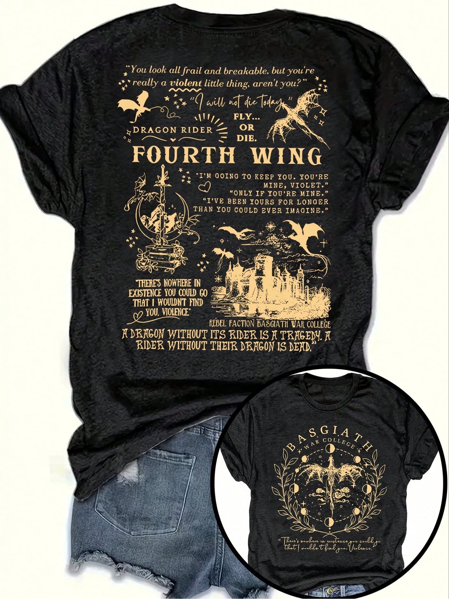 Fourth Wing T-Shirt, Dragon Knight T-Shirt, Basgiss War Academy T-Shirt, Nine Heavens Series, Double-Sided Printed T-Shirt Featuring