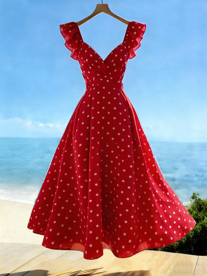 Franclia 2026 Women's V-Neck Ruffle Sleeve Pleated Waist Backless Tie Polka Dot Print Dress, Casual Vacation Dress For Spring/Summer