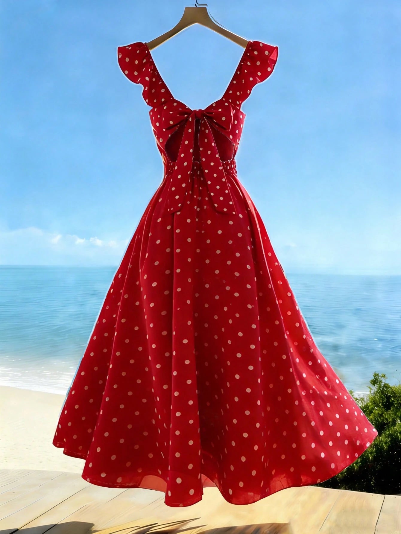 Franclia 2026 Women's V-Neck Ruffle Sleeve Pleated Waist Backless Tie Polka Dot Print Dress, Casual Vacation Dress For Spring/Summer
