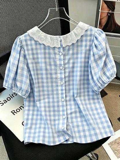 Franclia Cute Summer Picnic Vintage Gingham Blouse For Women,Lace Ruffle Peter Pan Collar Puff Sleeve Blue And White Plaid Shirt,Back Button Down Retro Top