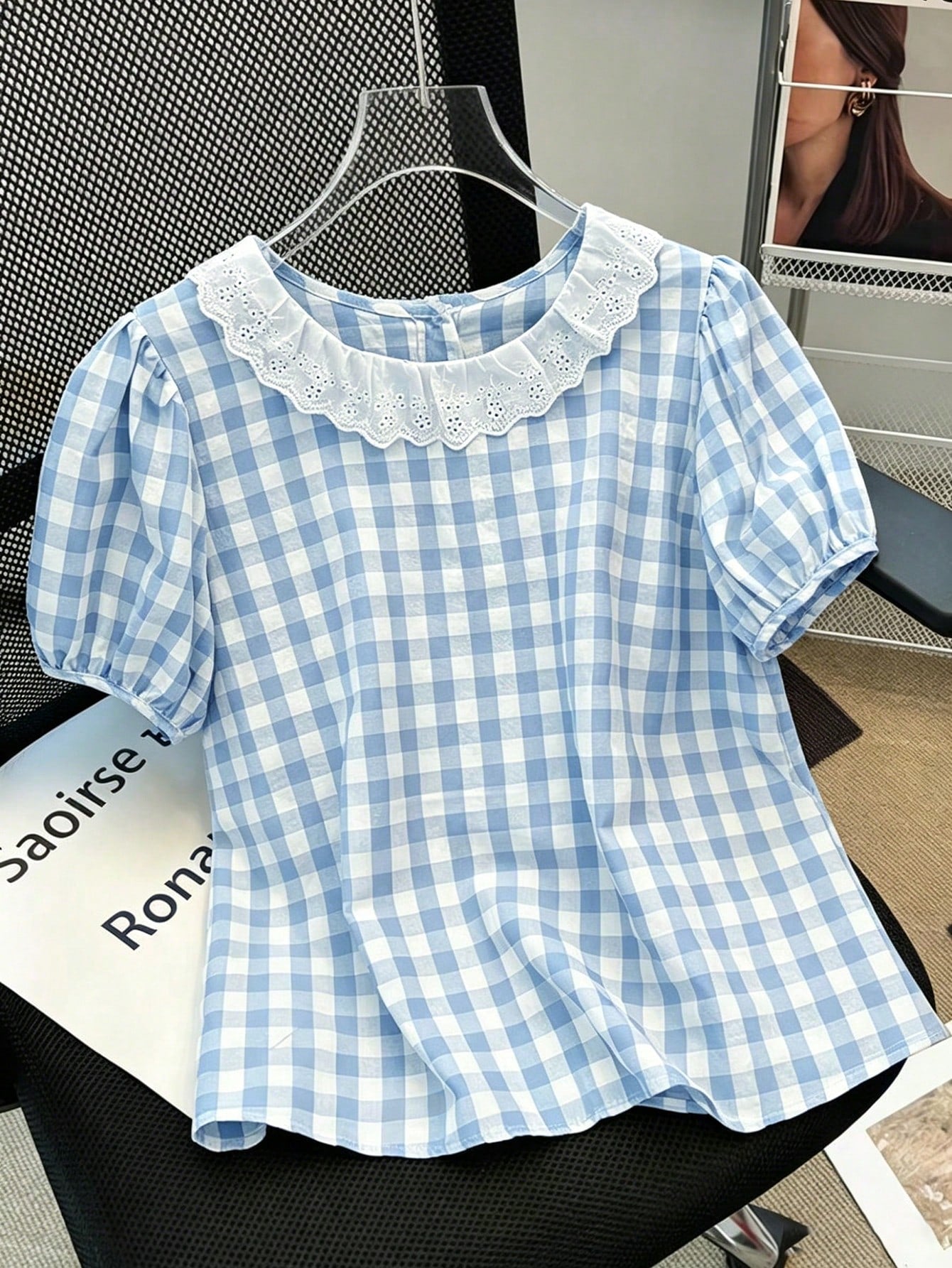 Franclia Cute Summer Picnic Vintage Gingham Blouse For Women,Lace Ruffle Peter Pan Collar Puff Sleeve Blue And White Plaid Shirt,Back Button Down Retro Top