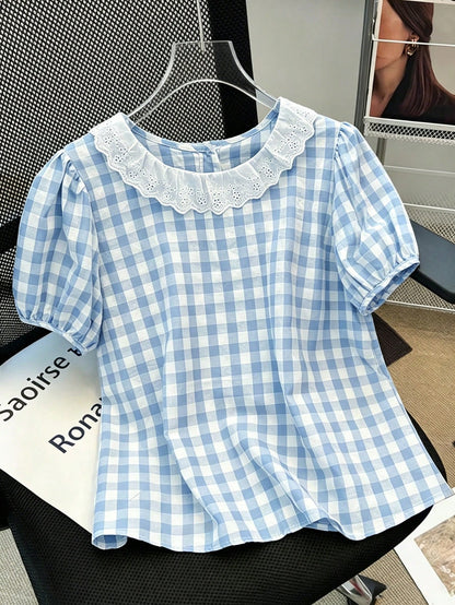 Franclia Cute Summer Picnic Vintage Gingham Blouse For Women,Lace Ruffle Peter Pan Collar Puff Sleeve Blue And White Plaid Shirt,Back Button Down Retro Top