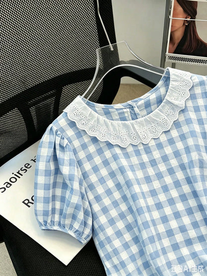 Franclia Cute Summer Picnic Vintage Gingham Blouse For Women,Lace Ruffle Peter Pan Collar Puff Sleeve Blue And White Plaid Shirt,Back Button Down Retro Top
