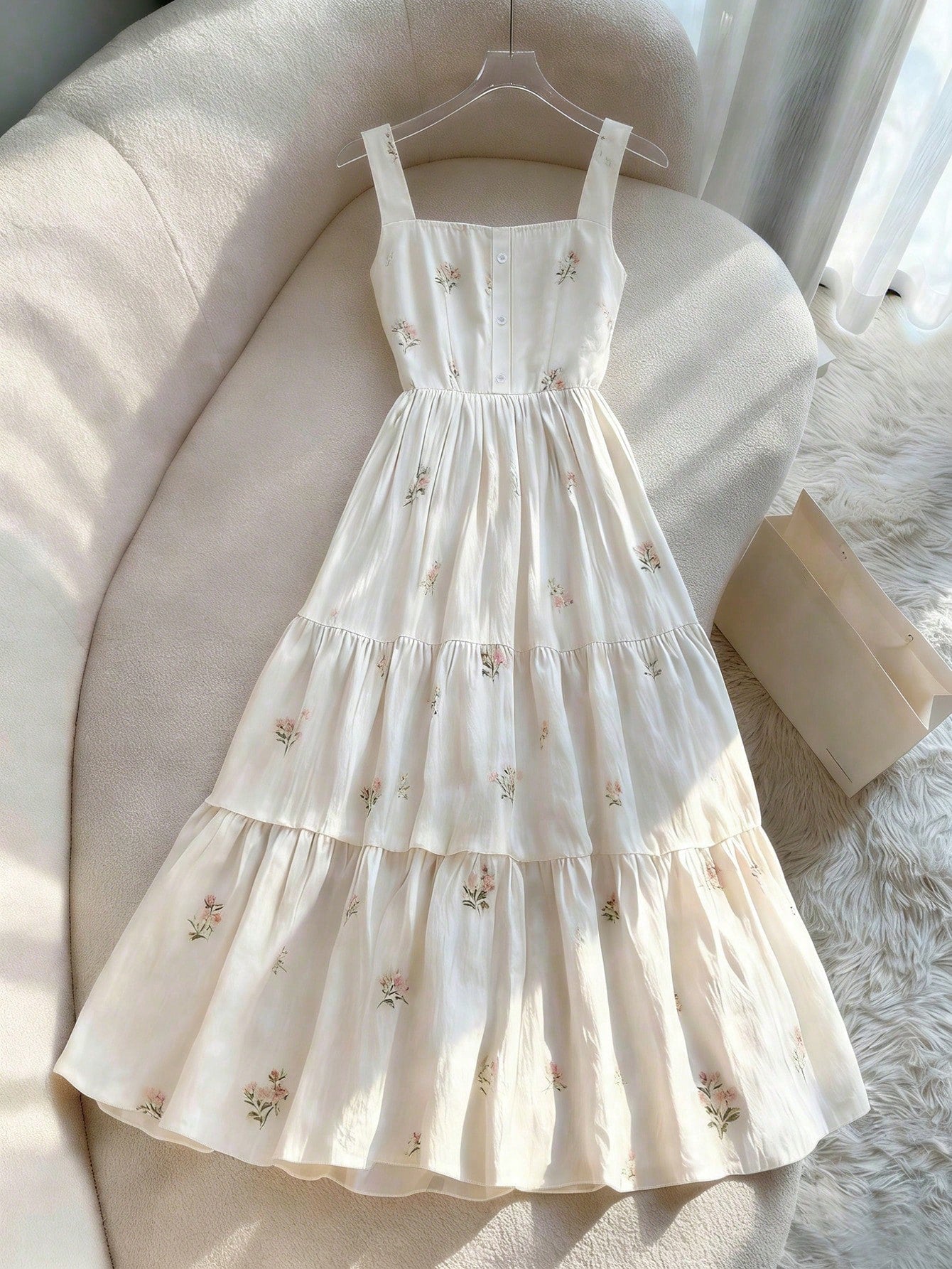 Franclia Ditsy Floral Dress, Sweet Waist Cinched Ruffle Hem Dress, Spring/Summer