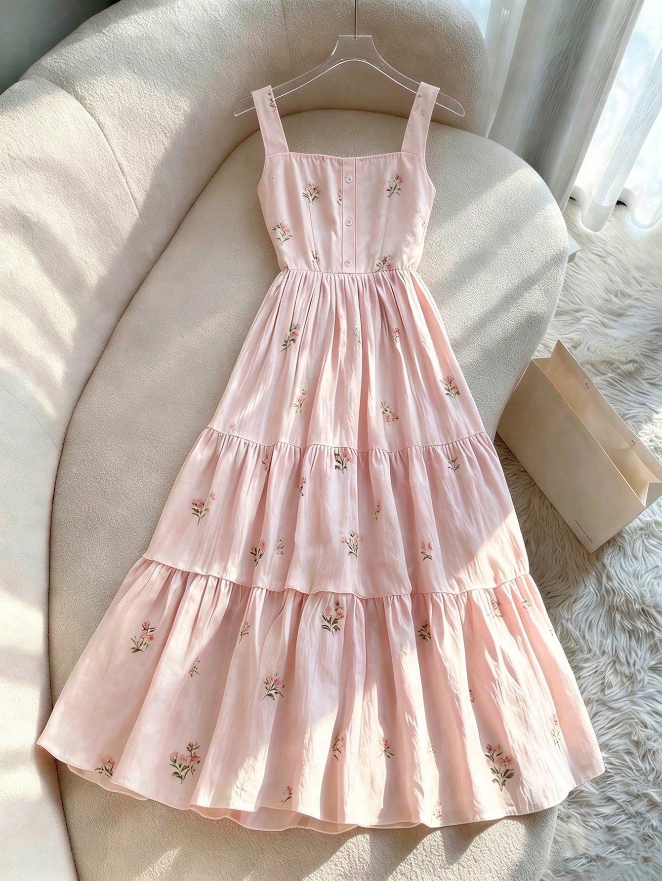 Franclia Ditsy Floral Dress, Sweet Waist Cinched Ruffle Hem Dress, Spring/Summer