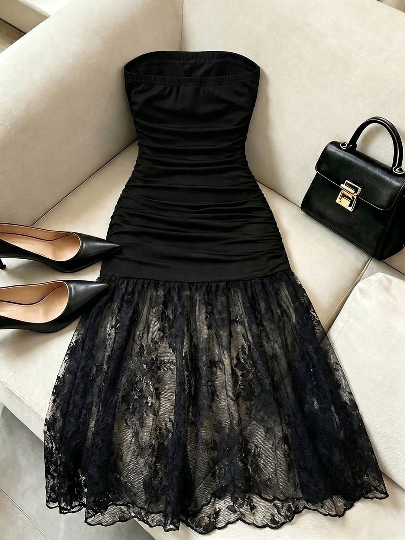 Franclia Elegant Luxury Contrast Lace Sheer Pleated Cinched Waist Slimming Evening Gown Strapless Solid Color Sexy Women's Dress, Vacation, Outing, Y2K, Spring, Summer, Back To School, Casual, B