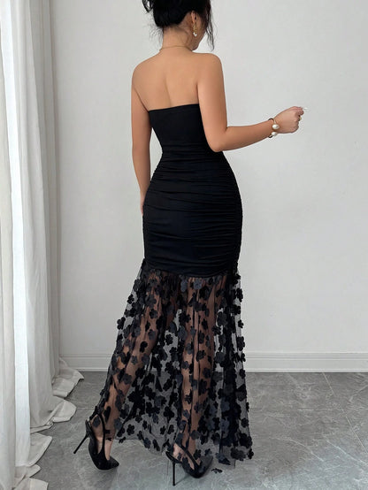 Franclia Elegant Luxury Contrast Lace Sheer Pleated Cinched Waist Slimming Evening Gown Strapless Solid Color Sexy Women's Dress, Vacation, Outing, Y2K, Spring, Summer, Back To School, Casual, B