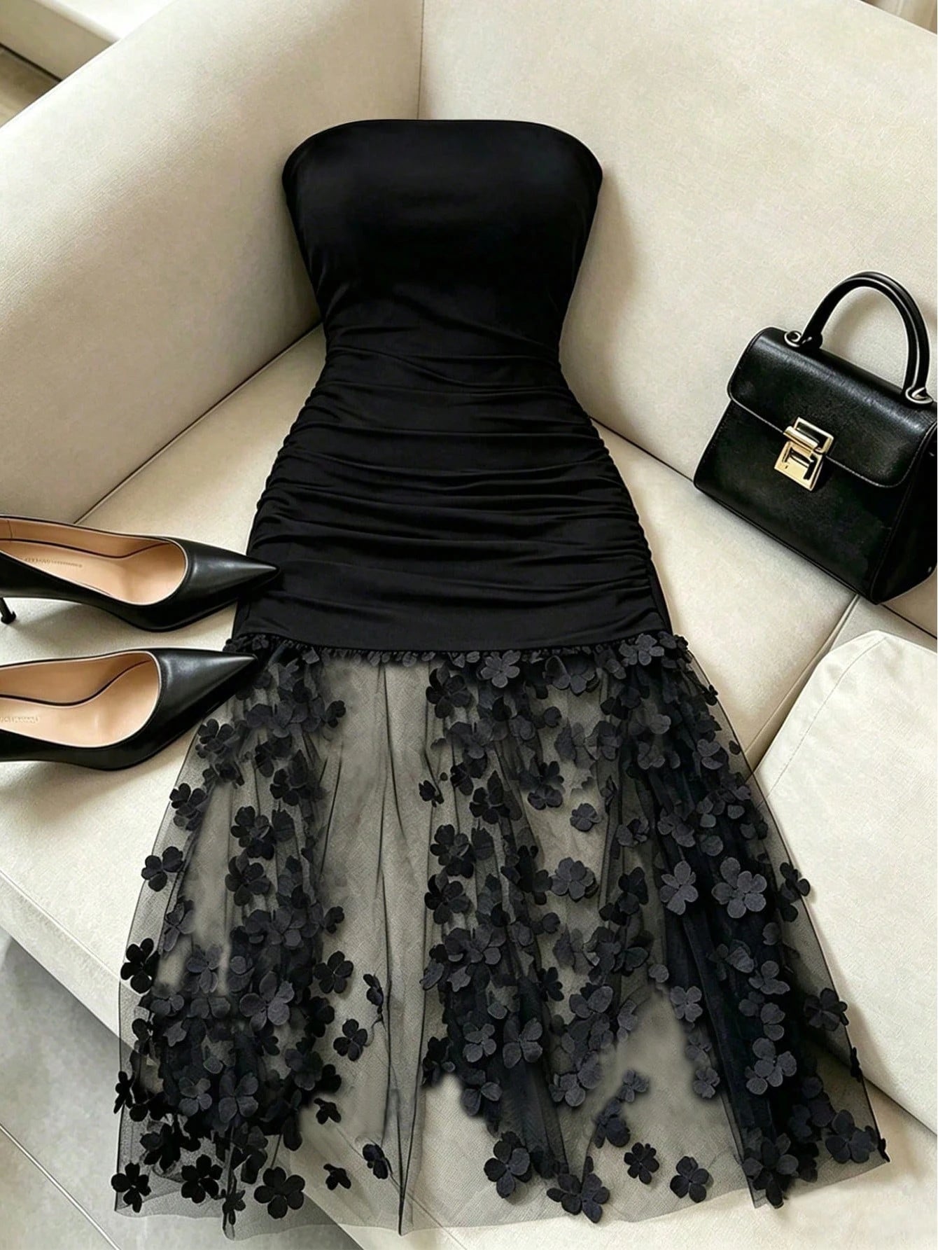 Franclia Elegant Luxury Contrast Lace Sheer Pleated Cinched Waist Slimming Evening Gown Strapless Solid Color Sexy Women's Dress, Vacation, Outing, Y2K, Spring, Summer, Back To School, Casual, B