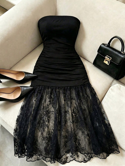Franclia Elegant Luxury Contrast Lace Sheer Pleated Cinched Waist Slimming Evening Gown Strapless Solid Color Sexy Women's Dress, Vacation, Outing, Y2K, Spring, Summer, Back To School, Casual, B
