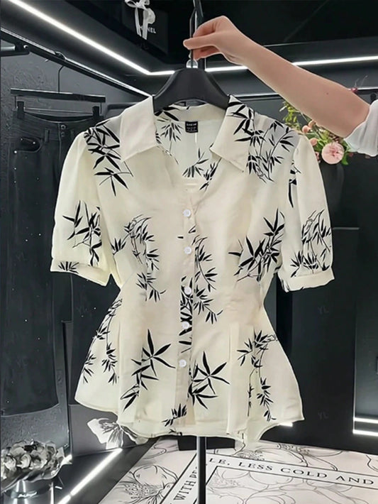 Franclia Elegant,Office,Off-White Ladies Summer Blouse Soft Satin Tree Branch Floral Print Short Sleeve Collared Gathered Waist Frill Hem Chic Daily Blouse