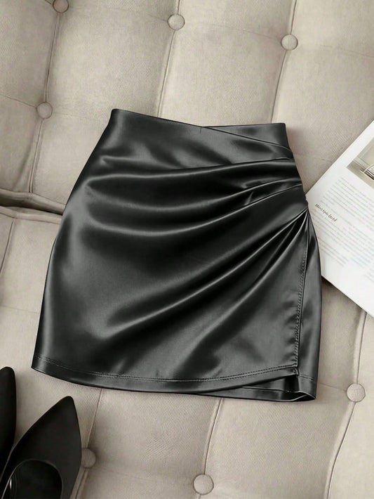 Franclia Fashionable New Glossy Asymmetrical Hem High Waist Slim Fit Pleated Bodycon Skirt, Spring/Summer