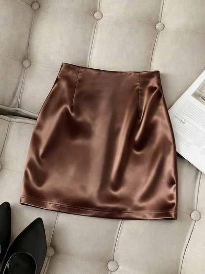 Franclia Fashionable New Glossy Asymmetrical Hem High Waist Slim Fit Pleated Bodycon Skirt, Spring/Summer