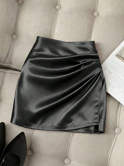 Franclia Fashionable New Glossy Asymmetrical Hem High Waist Slim Fit Pleated Bodycon Skirt, Spring/Summer