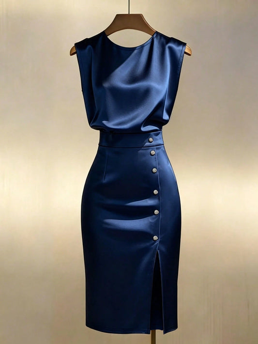 Franclia Gold Satin Sleeveless Waist Cinching Midi Dress With Slit