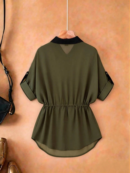 Franclia Plus Size Women Casual/Work/Vacation Military Green Chiffon Short Sleeve Shirt