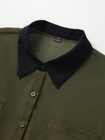 Franclia Plus Size Women Casual/Work/Vacation Military Green Chiffon Short Sleeve Shirt