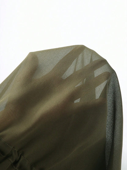 Franclia Plus Size Women Casual/Work/Vacation Military Green Chiffon Short Sleeve Shirt