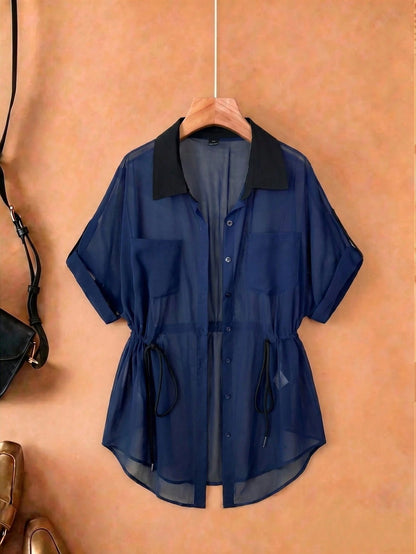 Franclia Plus Size Women Casual/Work/Vacation Military Green Chiffon Short Sleeve Shirt