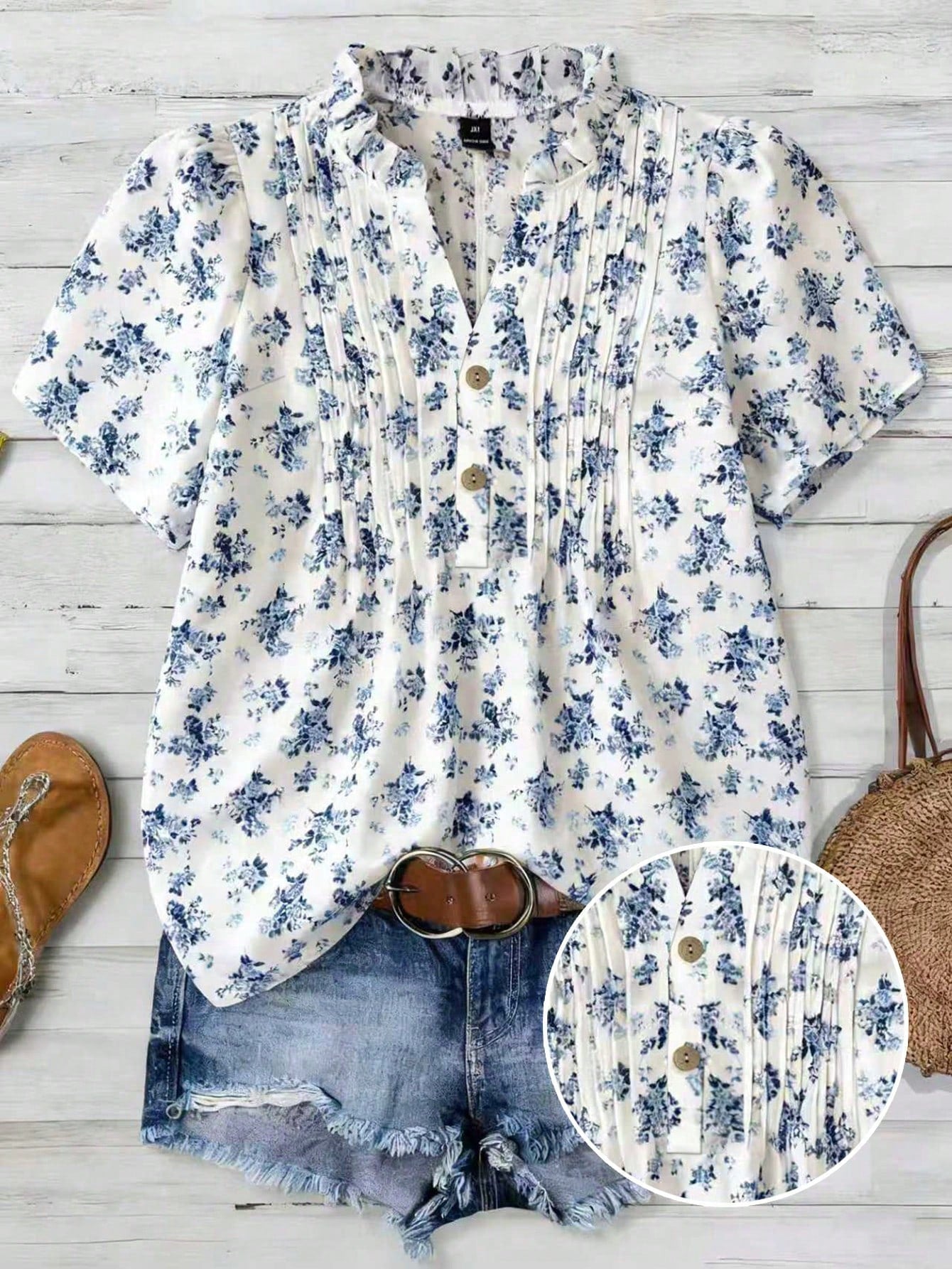 Franclia Plus Size Women Floral Print Short Sleeve Button Casual 70s Sequin Blouse,Blue And White Boho Blouse For Summer Vacation Holiday Beach Vacation