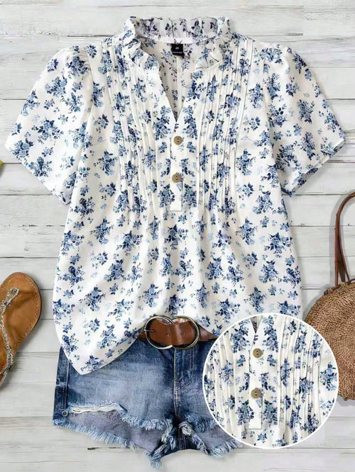 Franclia Plus Size Women Floral Print Short Sleeve Button Casual 70s Sequin Blouse,Blue And White Boho Blouse For Summer Vacation Holiday Beach Vacation