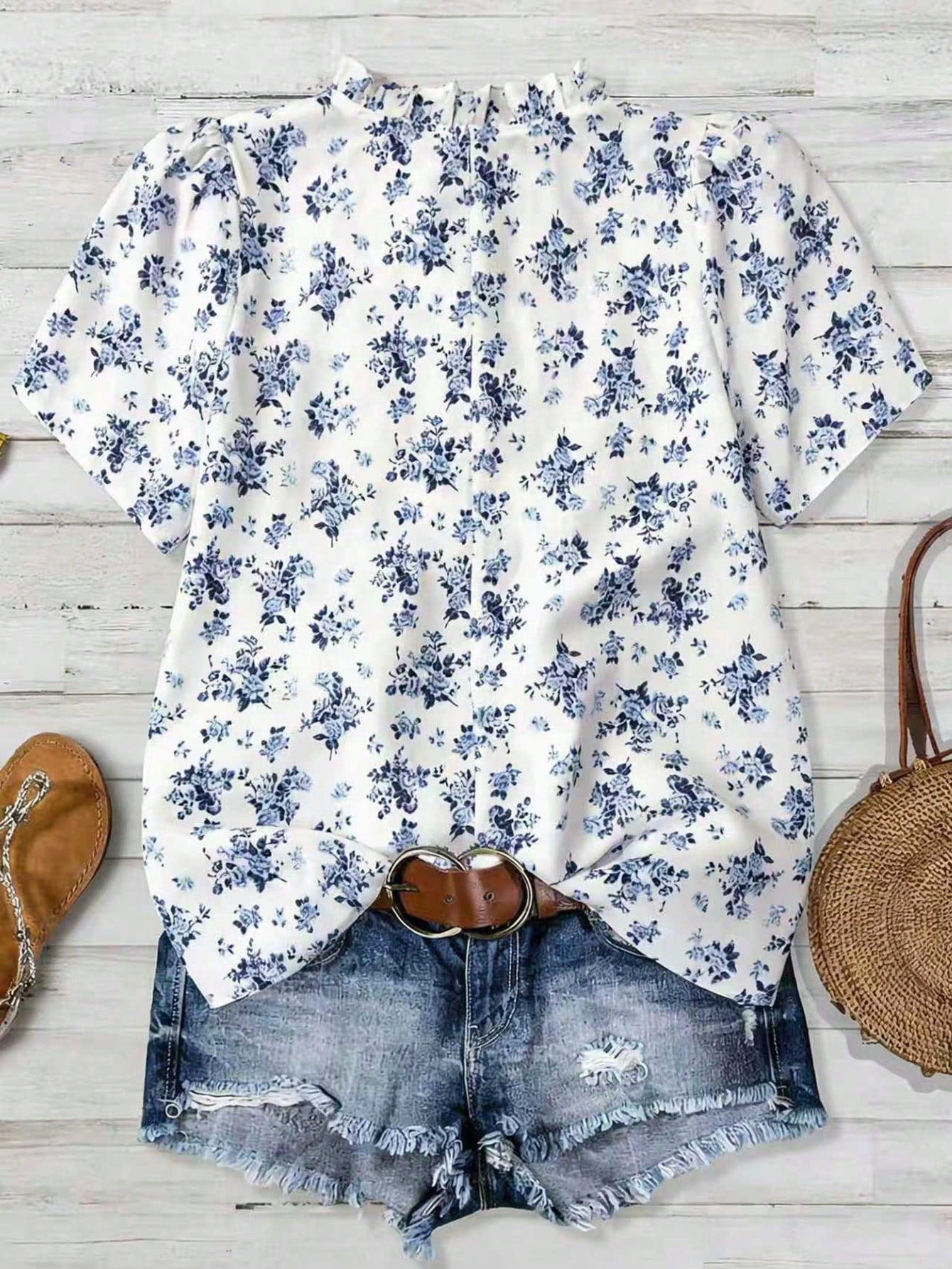 Franclia Plus Size Women Floral Print Short Sleeve Button Casual 70s Sequin Blouse,Blue And White Boho Blouse For Summer Vacation Holiday Beach Vacation