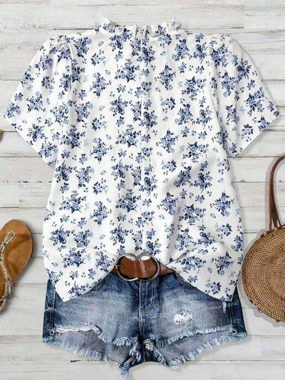 Franclia Plus Size Women Floral Print Short Sleeve Button Casual 70s Sequin Blouse,Blue And White Boho Blouse For Summer Vacation Holiday Beach Vacation