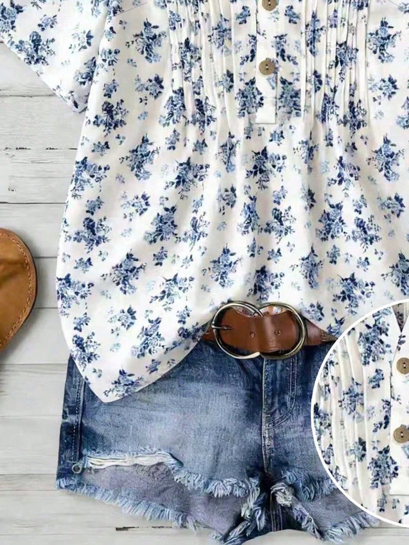 Franclia Plus Size Women Floral Print Short Sleeve Button Casual 70s Sequin Blouse,Blue And White Boho Blouse For Summer Vacation Holiday Beach Vacation