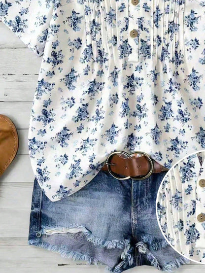 Franclia Plus Size Women Floral Print Short Sleeve Button Casual 70s Sequin Blouse,Blue And White Boho Blouse For Summer Vacation Holiday Beach Vacation