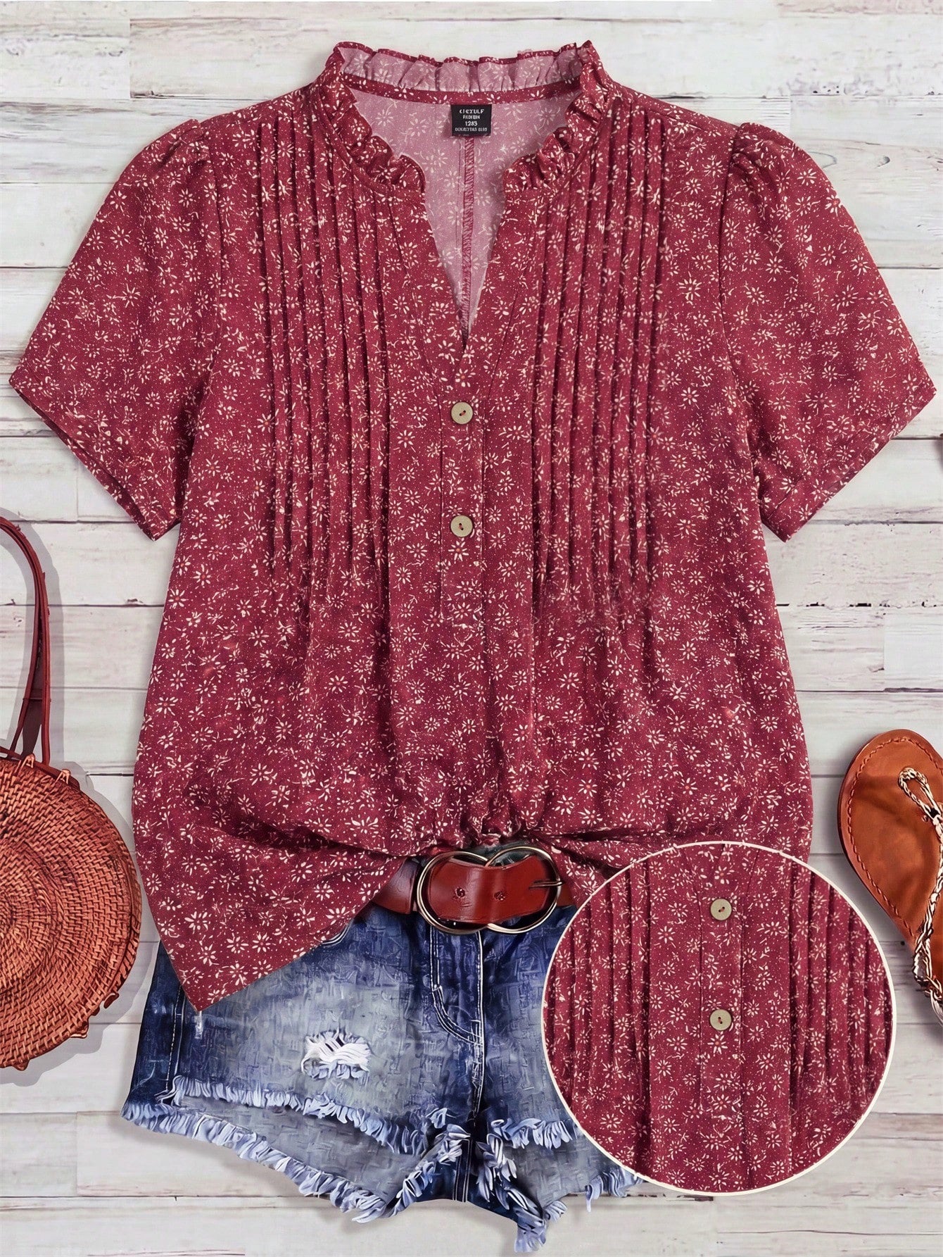 Franclia Plus Size Women Floral Print Short Sleeve Button Casual 70s Sequin Blouse,Blue And White Boho Blouse For Summer Vacation Holiday Beach Vacation