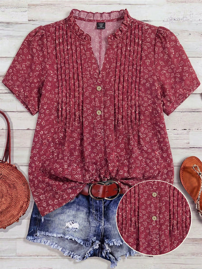 Franclia Plus Size Women Floral Print Short Sleeve Button Casual 70s Sequin Blouse,Blue And White Boho Blouse For Summer Vacation Holiday Beach Vacation
