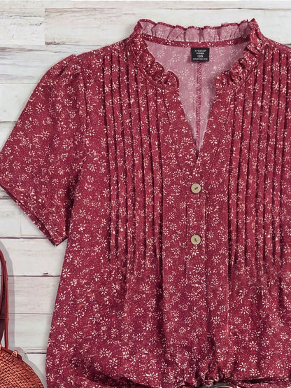 Franclia Plus Size Women Floral Print Short Sleeve Button Casual 70s Sequin Blouse,Blue And White Boho Blouse For Summer Vacation Holiday Beach Vacation